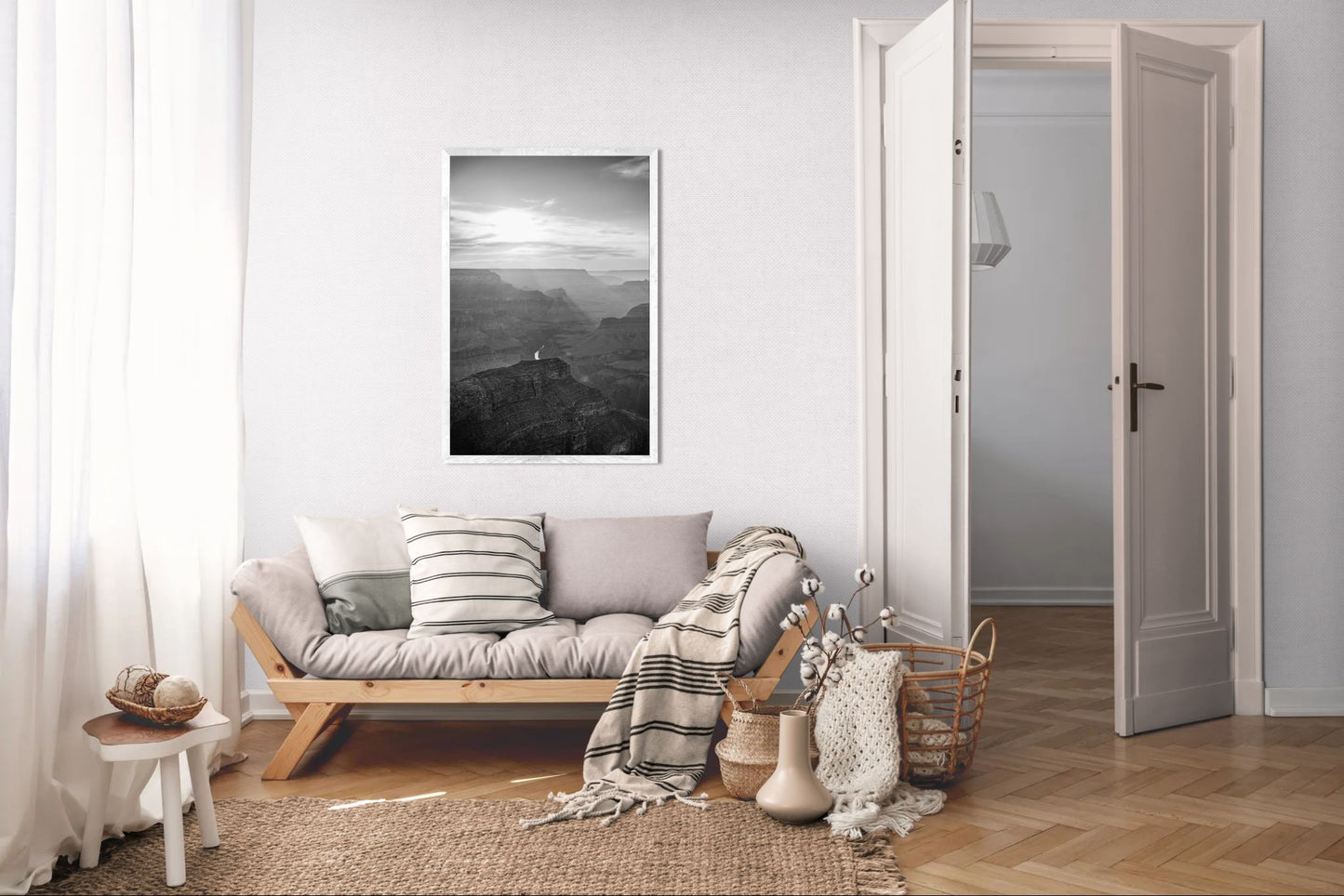 Riverlight - Black and White Grand Canyon Vertical Print | Sunbeams, Canyon Detail & Reflective River