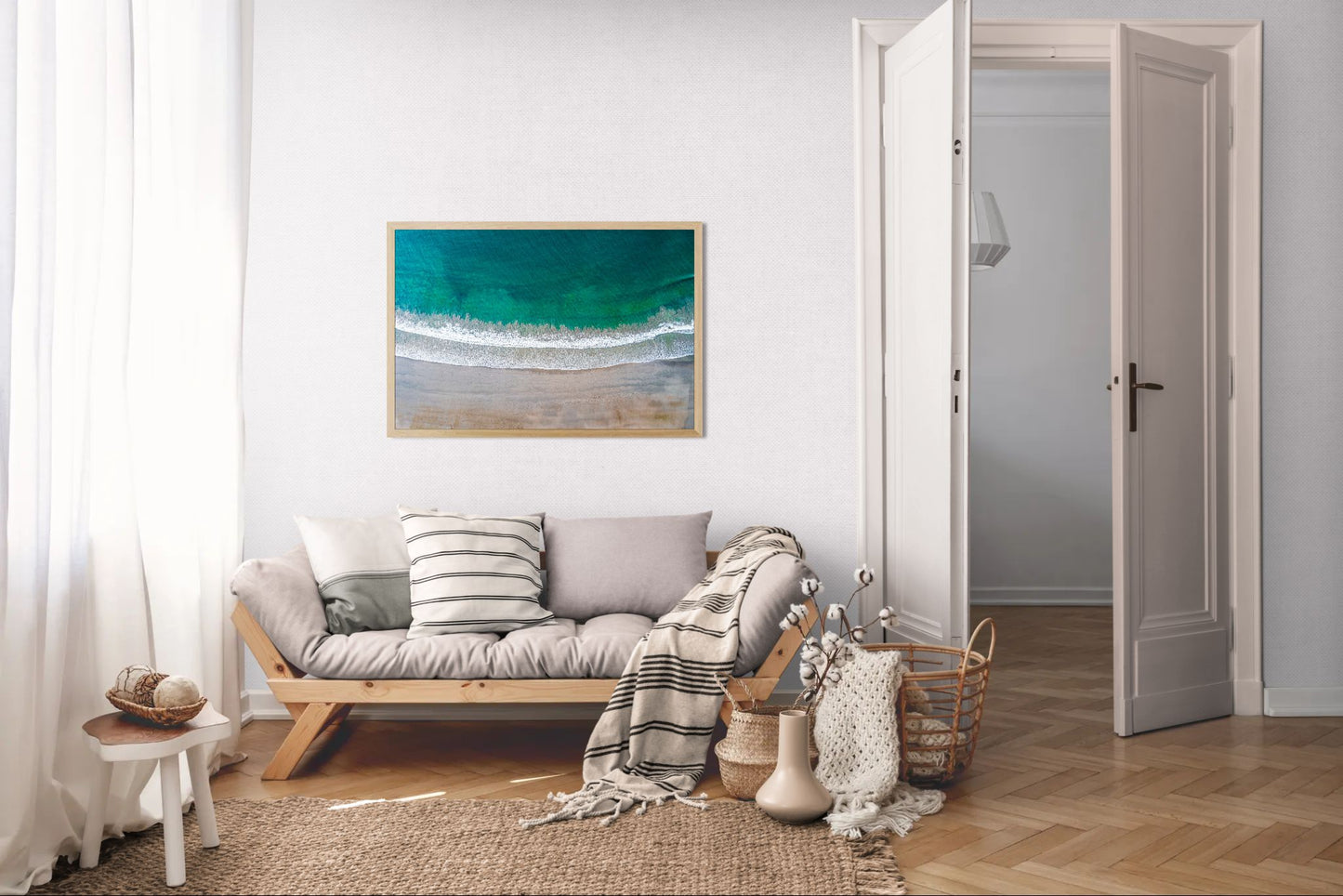 Serenity in Sámara – Aerial Beach Wall Art Print | Golden Sand & Turquoise Sea
