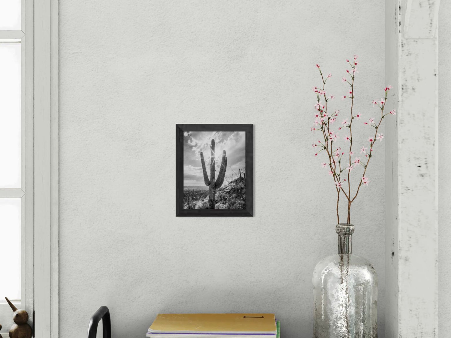 Sunlit Form – Black and White Saguaro Print | Cactus, Rocky Ridge & Desert Sunburst