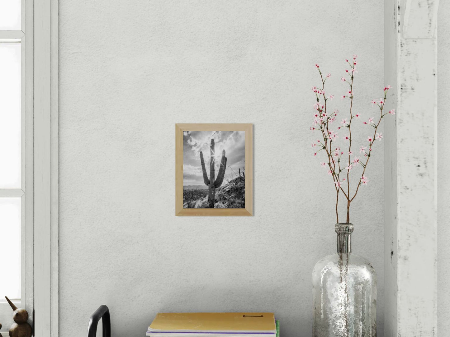 Sunlit Form – Black and White Saguaro Print | Cactus, Rocky Ridge & Desert Sunburst