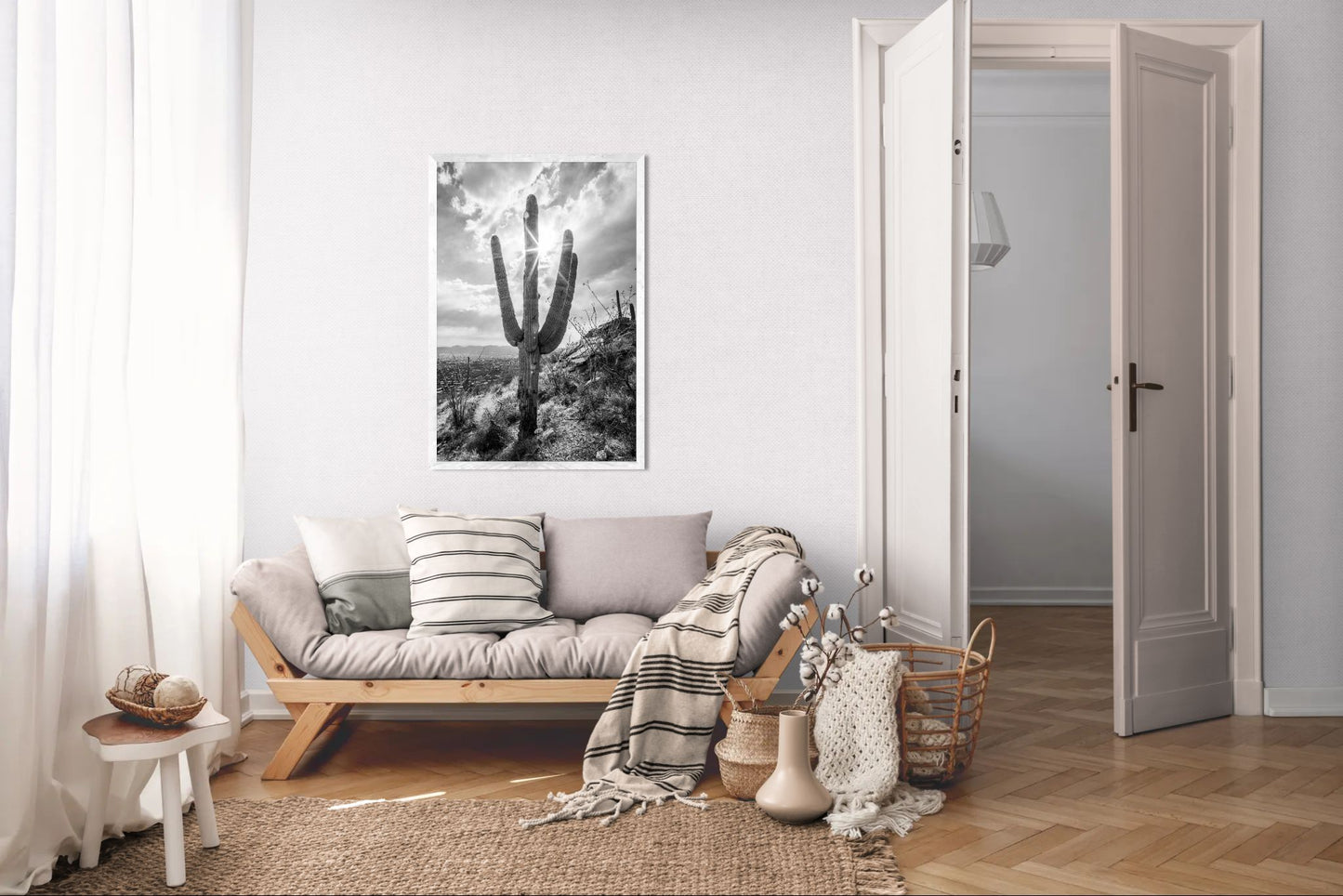 Sunlit Form – Black and White Saguaro Print | Cactus, Rocky Ridge & Desert Sunburst