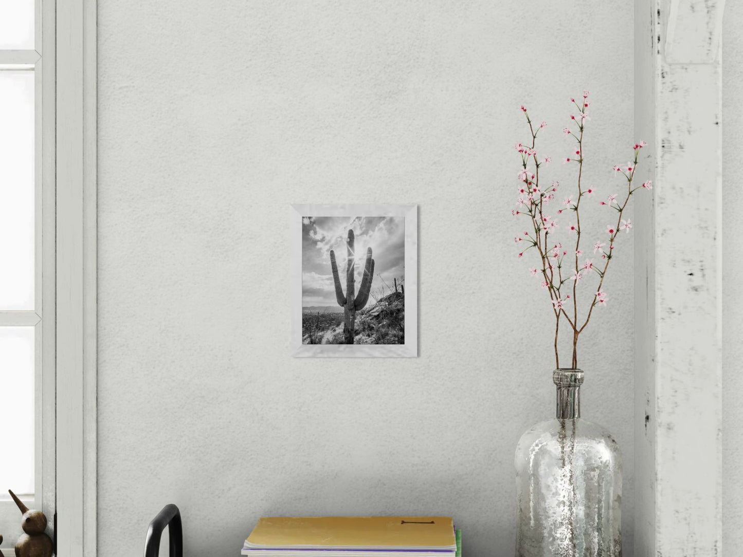 Sunlit Form – Black and White Saguaro Print | Cactus, Rocky Ridge & Desert Sunburst