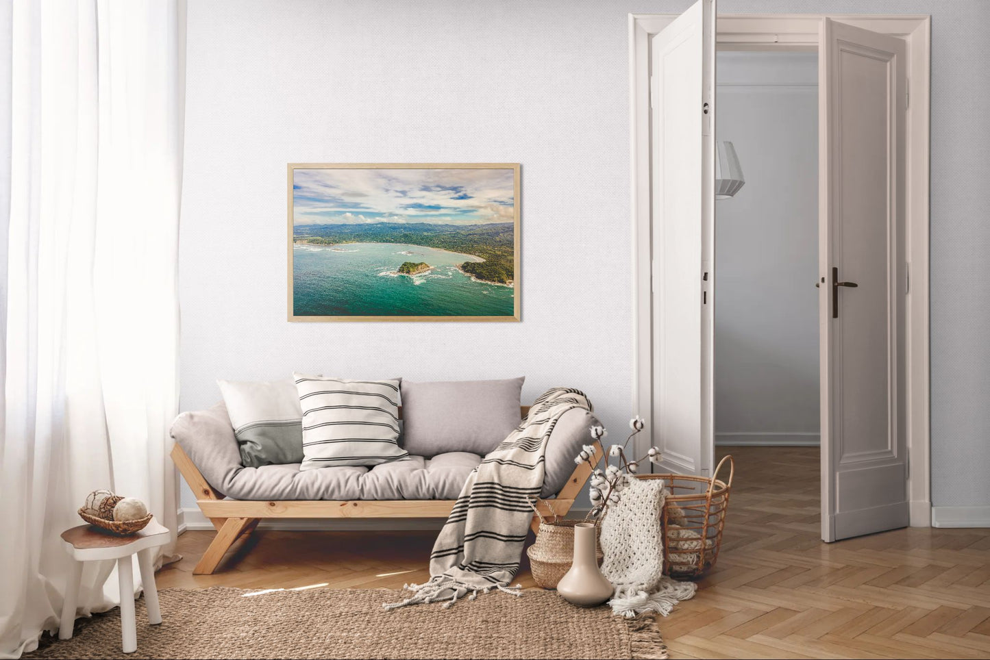 Tidal Whispers of Isla Chora - Aerial Samara Bay Wall Art Print | Blue Sea & Green Hills