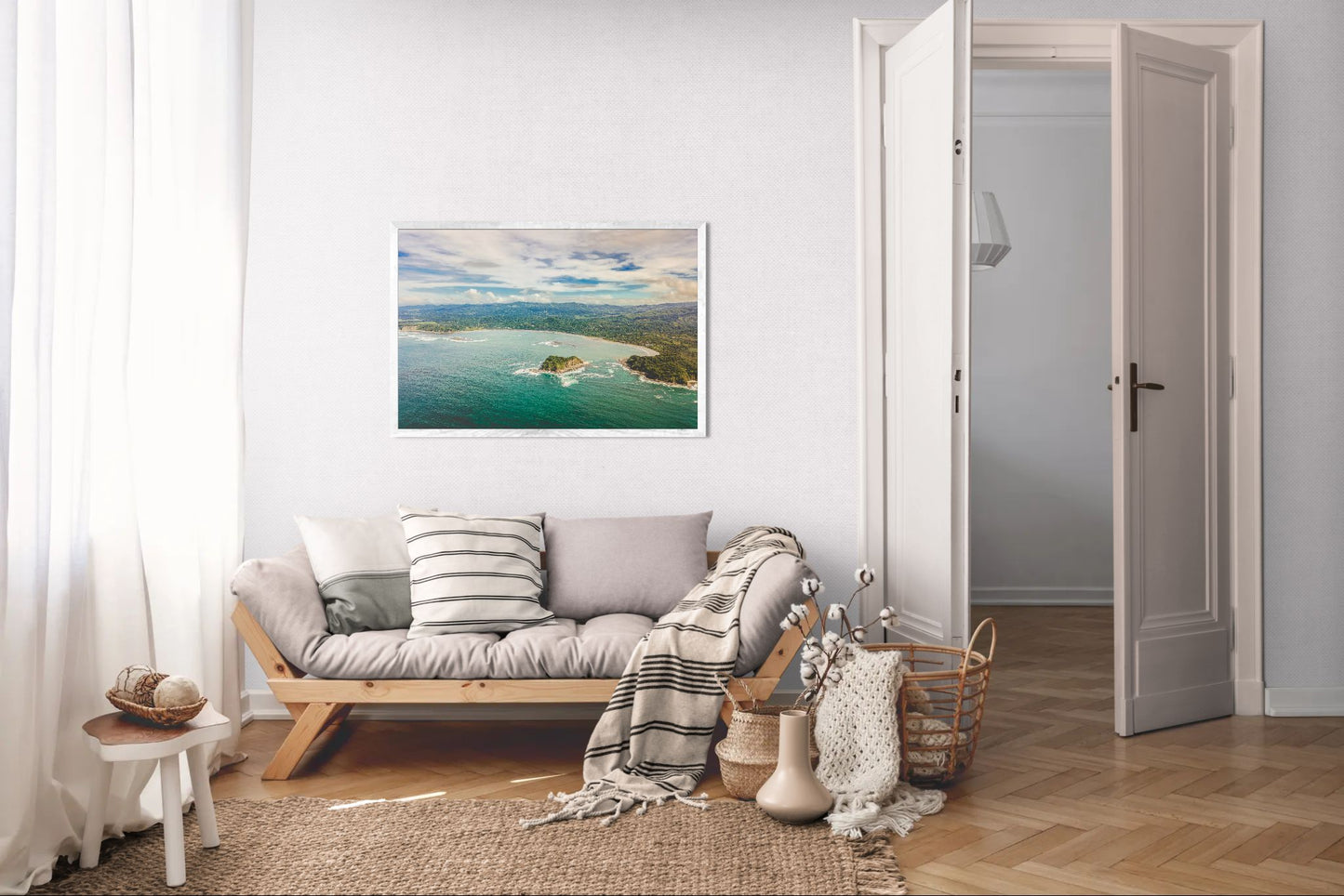 Tidal Whispers of Isla Chora - Aerial Samara Bay Wall Art Print | Blue Sea & Green Hills