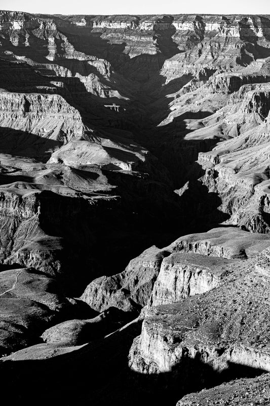 Vein of Shadow – Black and White Grand Canyon Vertical Print | High Contrast Canyon Light