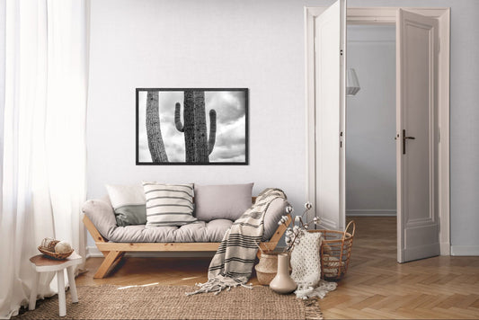 Weathered Lines - Black and White Saguaro Cactus Print | Textured Arms & Desert Sky