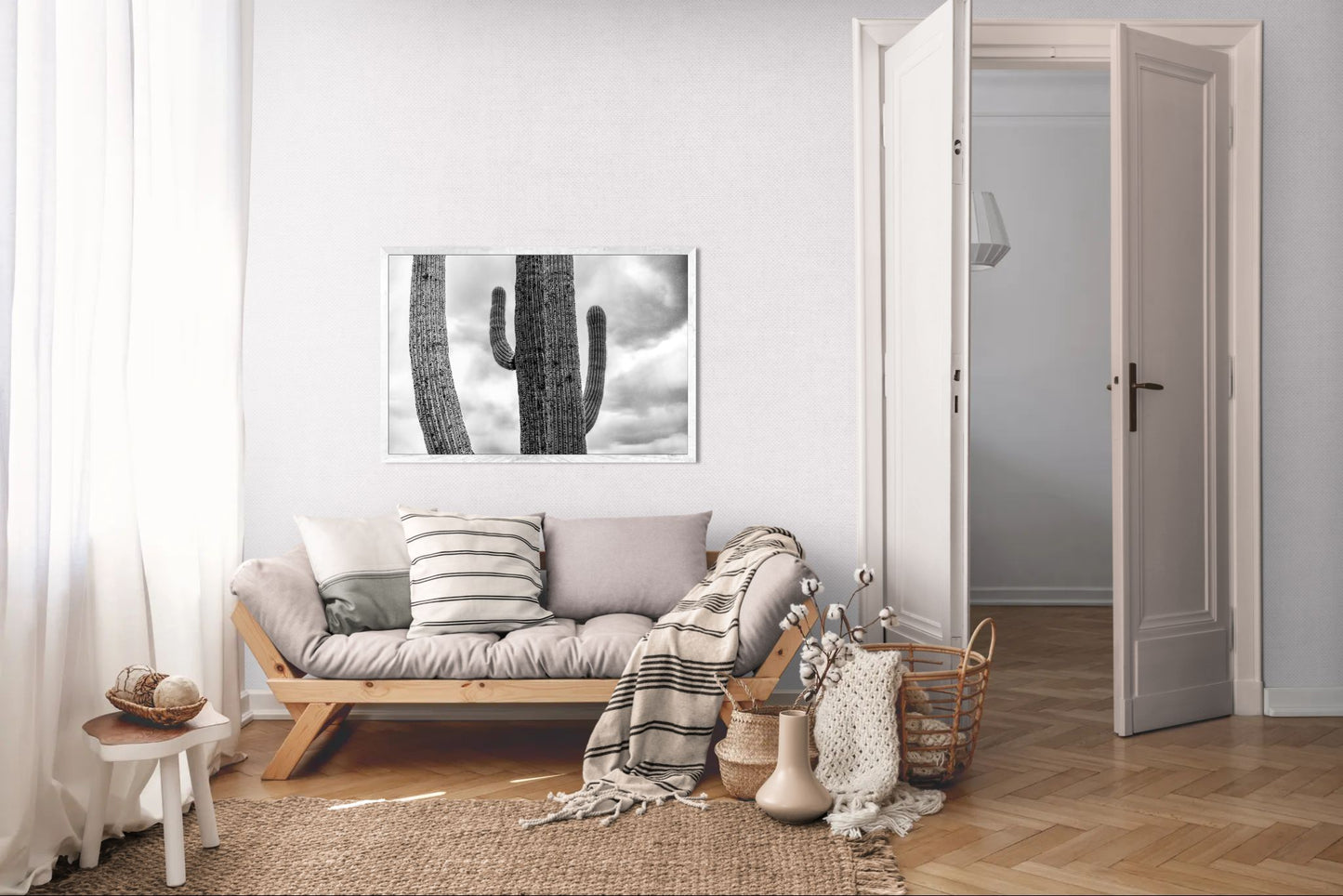 Weathered Lines - Black and White Saguaro Cactus Print | Textured Arms & Desert Sky