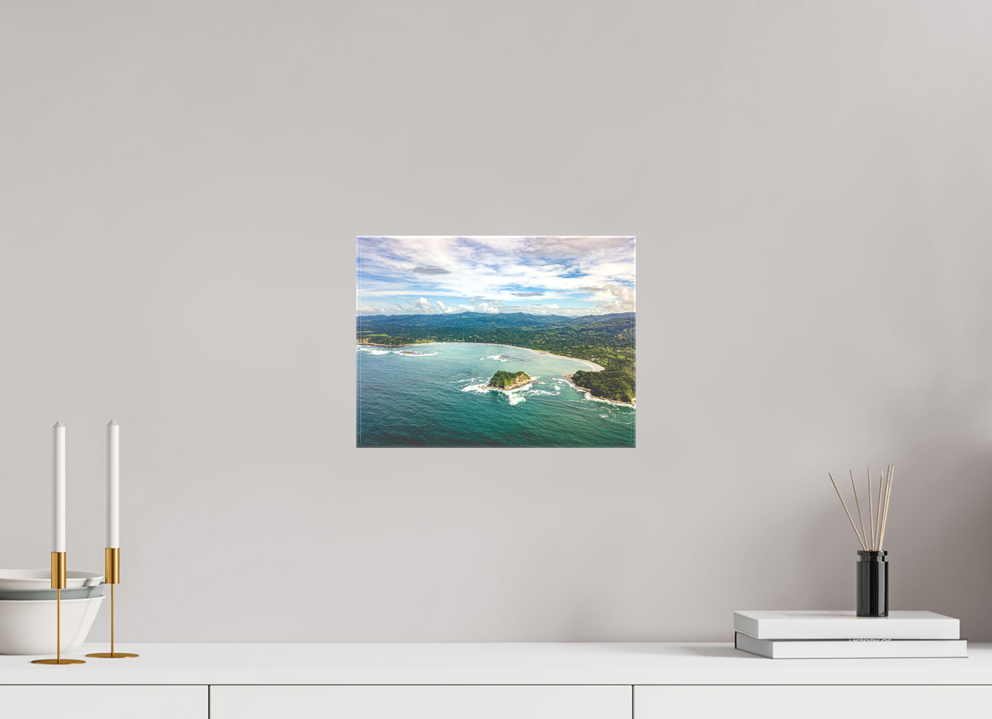 Tidal Whispers of Isla Chora - Aerial Samara Bay Wall Art Print | Blue Sea & Green Hills