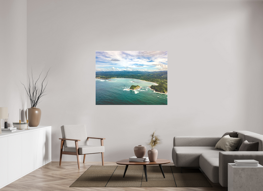 Tidal Whispers of Isla Chora - Aerial Samara Bay Wall Art Print | Blue Sea & Green Hills
